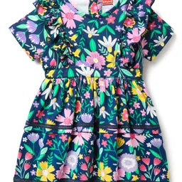 Babyhug Cotton Woven Half Sleeves Frock With Floral Print & Lace Detailing - Navy Blue-picture-21