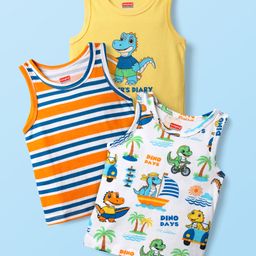 Babyhug 100% Cotton Antibacterial Sleeveless Vests With Stripes & Dino Print Pack Of 3 - Yellow Orange & White-picture-16