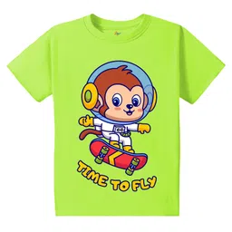 KAVEE Pure Cotton Half Sleeves Baby Monkey & Time To Fly Text Printed Bio Washed Tee - Neon Green-picture-30