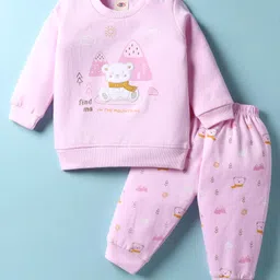 Zero Fleece Knit Full Sleeves Night Suit with Animal Embroidery & Patch - Pink image 1