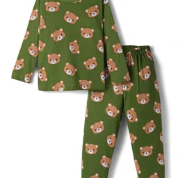 Babyhug Cotton Knit Full Sleeves Co-ords Night Suit With Animal Print - Green-picture-13