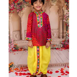 KID1 Cotton Woven Navratri Theme Full Sleeves Bandhani Designed & Mirror Work Embellished Dhoti Kurta Set - Multi Colour & Yellow-picture-10