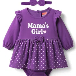 Babyhug 100% Cotton Knit Full Sleeves Heart Printed Frock Style Onesie With Bow Applique & Hairband - Violet-picture-11