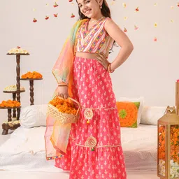 Pspeaches Sleeveless Mirror Work Detailed Motif Printed Lehenga Choli With Dupatta - Pink image 4