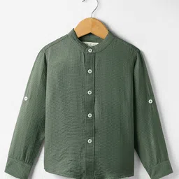 JASH KIDS Cotton Woven Full Sleeves Solid Color Mandarin Collar Shirt - Olive Green image 3