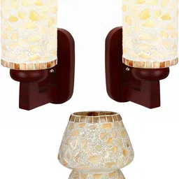 SOMIL White & Brown 3 Pieces Textured Wooden Cylinder Shaped Wall & Ceiling Lamp Combo-picture-41