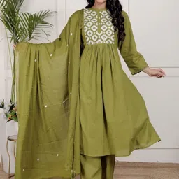 Philauri Women Embroidered Tiered Thread Work Cotton Kurta with Trousers & Dupatta image 2