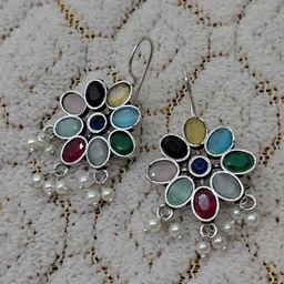 Mamata Silver-Plated Artificial Stones Studded And Beaded Oxidised Floral Drop Earrings image 2