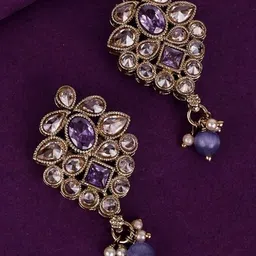 SALONI FASHION JEWELLERY Gold-Plated Kundan Studded Floral Shaped Drop Earrings-image-85