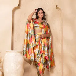 MABISH by Sonal Jain Floral Printed Sleeveless Crop Top & Draped Skirt With Cape Co-Ords-image-85
