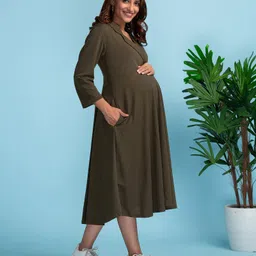 Bella Mama 3/4th Sleeves Self Textured Knit Maternity Dress - Olive-picture-27