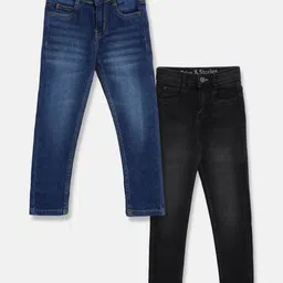 Tales & Stories Pack Of 2 Solid & Washed Button Down Jeans - Blue & Black-picture-19