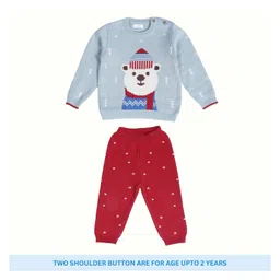 Greendeer 100% Cotton Jacqaurd Full Sleeves Hearth Warming Polar Bear Printed Sweater With Lower - Powder Blue & Cherry Red-image-92