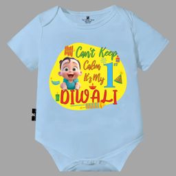 The Peppy Tend Diwali Theme 100% Cotton Half Sleeves Cant Keep Calm Its My First Diwali Text Printed Onesie -Blue-picture-10