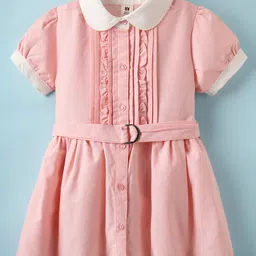 ToffyHouse Cotton Woven Half Sleeves Solid Shirt Dress With Belt - Pink-picture-12