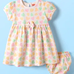 Babyhug Single Jersey Knit Half Sleeves Hearts Printed Frock with Bloomer & Bow Applique - Ivory-picture-25