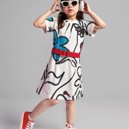 Ollington St. Cotton Knit Printed Half Sleeves Dress With Belt - White-picture-0