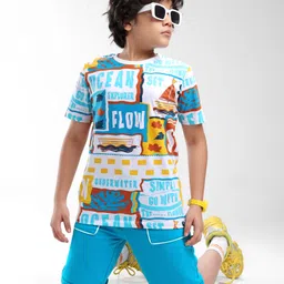 OLLINGTON ST. Cotton Half Sleeves Beach Theme Printed T-Shirt & Knit Shorts Set - Multicolor & Light Blue-image-82
