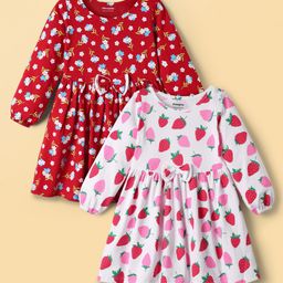 Honeyhap Premium 100% Cotton with Bio Finish Full Sleeves Frocks with Floral Print & Bow Applique Pack Of 2- High Risk Red & Bright White-picture-40