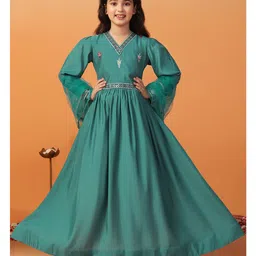 Fashion Dream Chanderi Woven Full Puffed Sleeves Sequin Embroidered Dress With Dupatta Set - Teal-picture-17