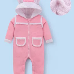 Mark & Mia Full Sleeves Winter Wear Solid Hooded Romper With Ear Applique - Pink-picture-16