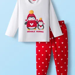 Babyhug Cotton Knit Full Sleeves Night Suit with Penguin & Heart Print - White & Red-picture-26