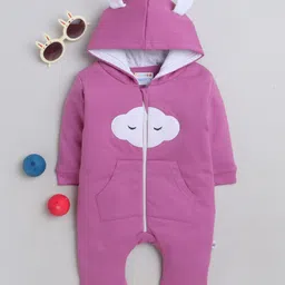 BUMZEE Interlock Knit Full Sleeves Hooded Romper With Cloud Patch & Kangaroo Pockets - Mauve-picture-13