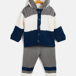 JWAAQ Cotton Knit Full Sleeves Colour Blocked & Fur Detailed Hooded Sweater With Pant Set - Navy Blue-picture-31