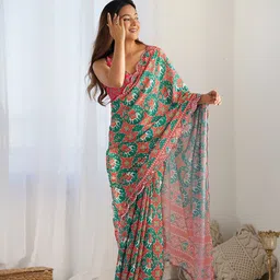 Kalista Ethnic Motifs Printed Embroidered Mirror Work Pure Chiffon Saree image 2