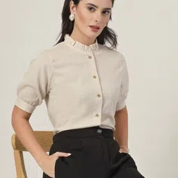 Style Quotient High Neck Puff Sleeves Ruffles Cotton Crepe Shirt Style Top-image-97