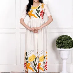 ROZLAND Women Round Neck Printed Cuffed Sleeves Fit & Flare Maxi Dress-picture-15