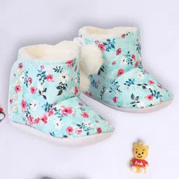 Coco Candy Flower Detailed Fur Lined Velcro Closure Booties - Blue-picture-11