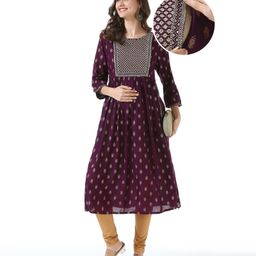 Bella Mama Woven Three Fourth Sleeves  Ethnic Maternity Kurti with Floral  Embroidered Yoke  & Pockets - Wine-picture-5
