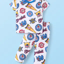 Babyhug Cotton Knit Half Sleeves Night Suit with Sports Theme Print - White-picture-22