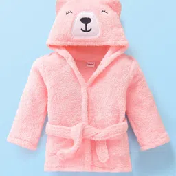 Babyhug Velour Knit Full Sleeves Hooded Bath Robe With Bear Embroidery - Pink-picture-35