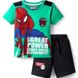 Babyhug Marvel Single Jersey Knit Half Sleeves T-Shirt & Shorts Set with Spider Man Graphics & Badge Detailing - Green & Black-picture-21