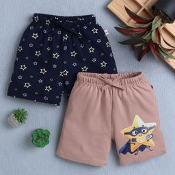 BUMZEE Cotton Knit Above Knee Length Star Printed Shorts Pack of 2 - Brown & Navy Blue-picture-46