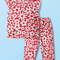 Babyhug Cotton Knit Frill Sleeves Co-ords Night Suit With Floral Print - Red-picture-37