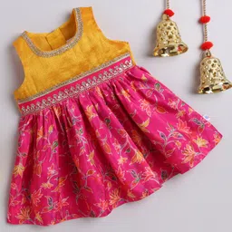 Many frocks & Blended Woven Sleeveless Floral Printed Gota Lace & Sequins Embellished Dress - Yellow & Pink-picture-23