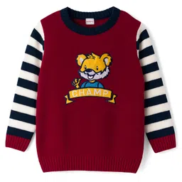 Babyhug Knitted Full Sleeves Pullover Sweater With Animal Embroidery - Dark Red-picture-18