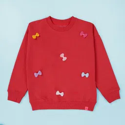Kiddopanti Fleece Knit Full Sleeves Bow Appliques Detailed Light Winter Sweatshirt - Coral Pink-image-70