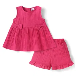 Babyhug Cotton Woven Sleeveless Top & Shorts Set with Bow Applique - Dark Pink image 2