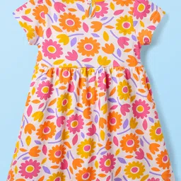 Babyhug Single Jersey Knit Half Sleeves Frocks With Bow Applique & Floral Print Pack Of 2 - Orange & White image 3