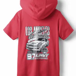 kookie kids india Kookie Kids Knit Half Sleeves Hooded Shirt with Text Print - Red image 3