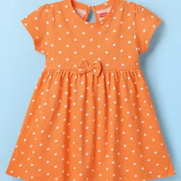 Babyhug Single Jersey Knit Half Sleeves Frocks With Bow Applique & Floral Print Pack Of 2 - Orange & White image 4
