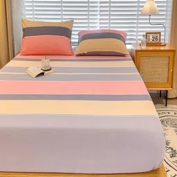 JC HOME Beige & Peach-Coloured Striped 220 TC King Bedsheet with 2 Pillow Covers image 2