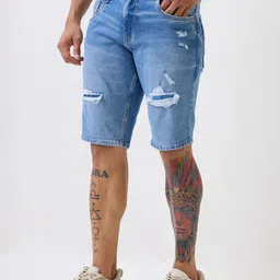 SPYKAR Men Blue Distressed Mid Rise Cotton Denim Shorts image 5