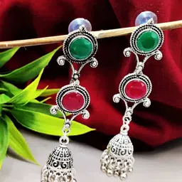 Yash Jewels Emporiums Silver-Plated Artificial Stones Studded Oxidised Dome Shaped Jhumkas-image-33