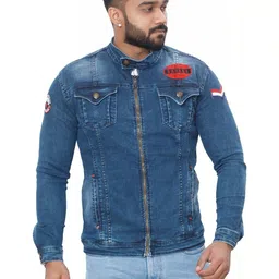 WHITE APPLE JNS Men Brand Logo Denim Jacket with Patchwork image 4