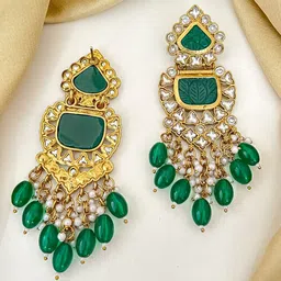 Zeviel Contemporary Gold-Plated Stones Studded & Beaded Triangular Shaped Drop Earrings image 2